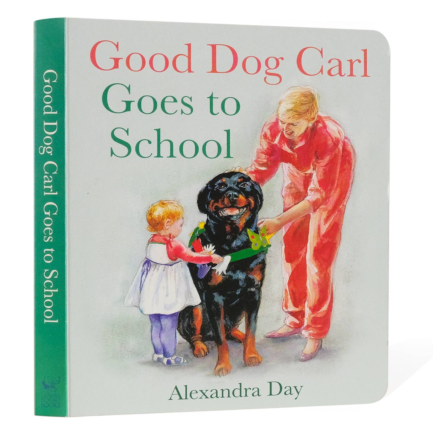 Book titled 'Good Dog Carl Goes to School' by Alexandra Day with illustration of a child and dog.
