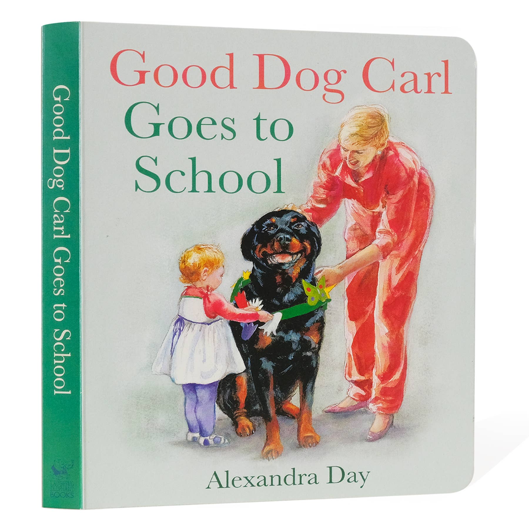 Book titled 'Good Dog Carl Goes to School' by Alexandra Day with illustration of a child and dog.