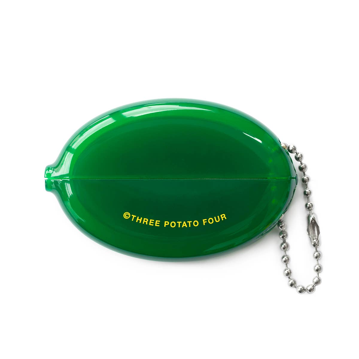 Green coin purse with 'Three Potato Four' text and a chain on a white background
