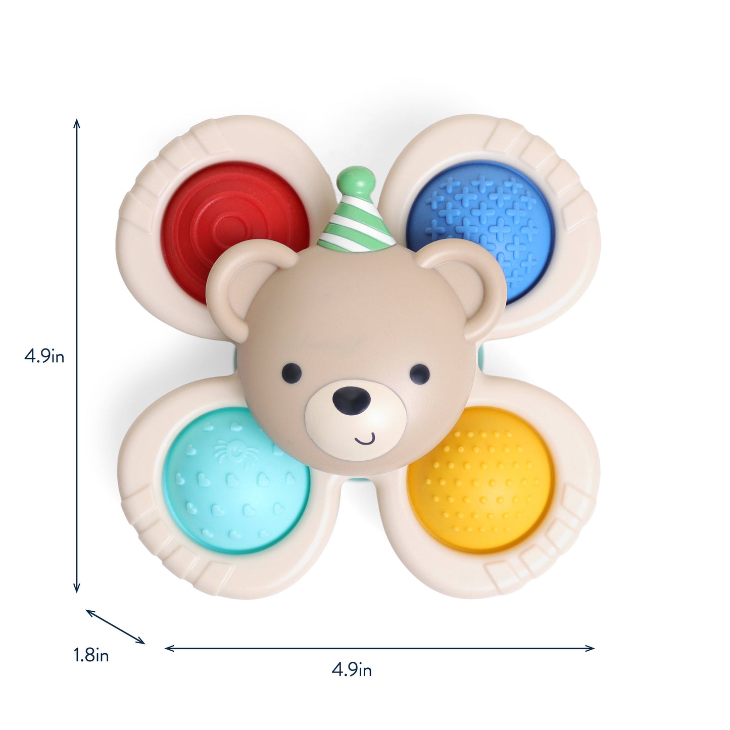 A baby sensory toy shaped like a bear face surrounded by four flower petals with textured color circles in red, blue, light blue, and yellow. Black dimension lines and text indicate measurements of 4.