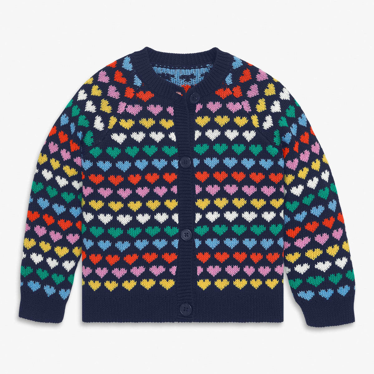 A navy blue knit cardigan sweater with a colorful pattern of knitted hearts in red, orange, yellow, green, blue, pink, and white, featuring a button-up front.