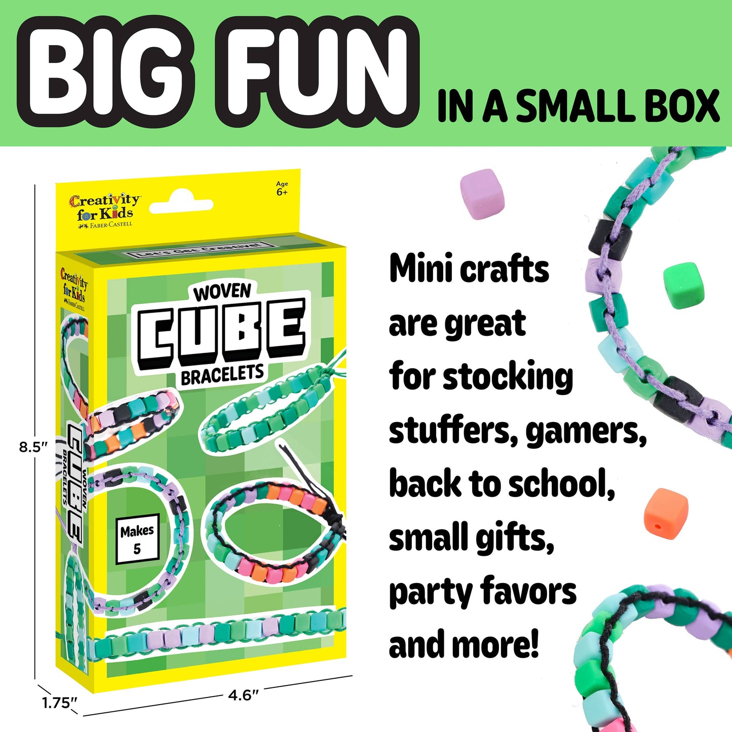 Woven Cube Bracelets craft kit packaging with colorful bracelets and text on a green background