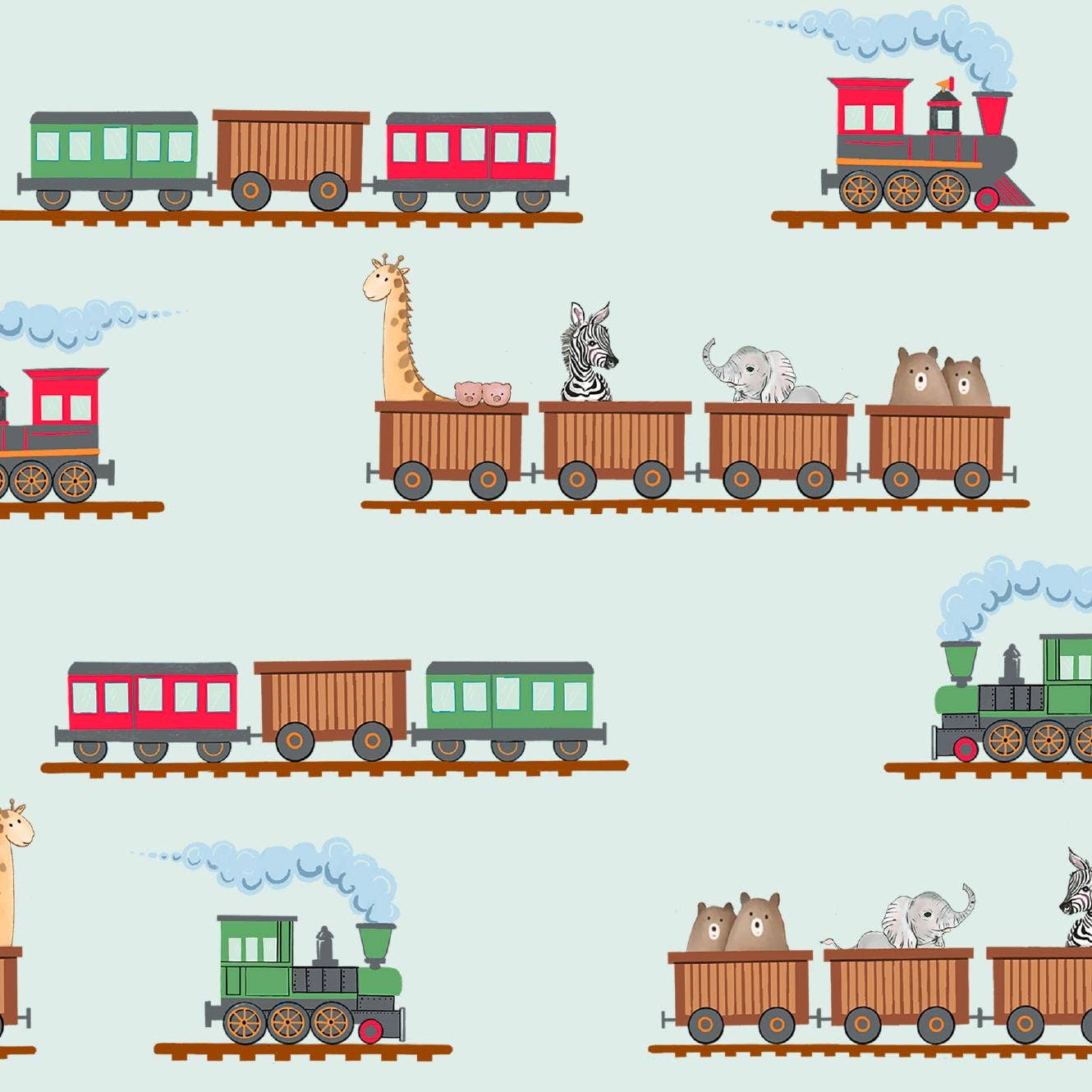 Pattern of toy trains with animals on a light blue background
