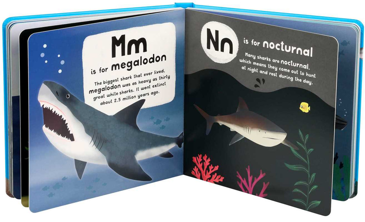 Open book showing pages with shark illustrations and educational text.