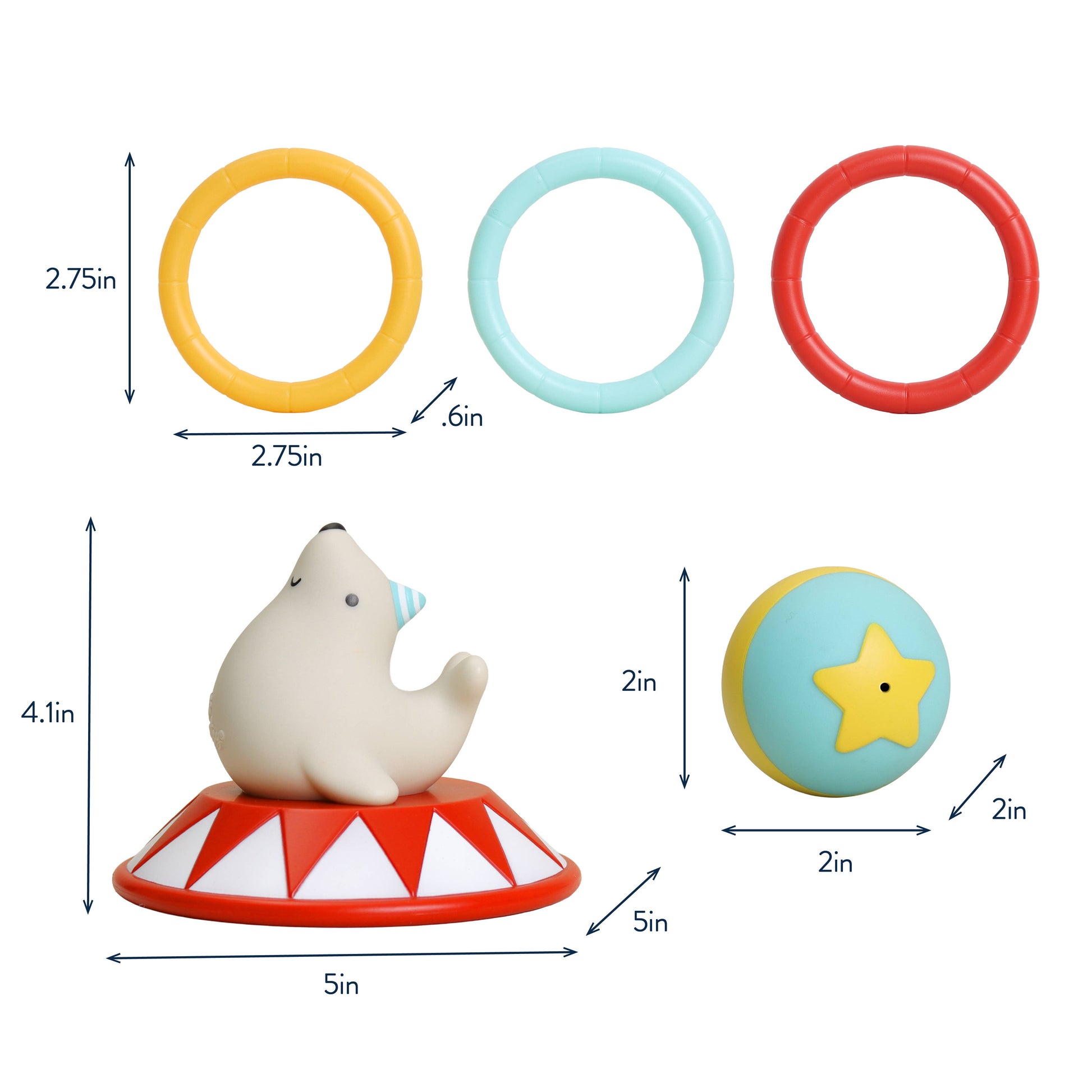 A baby sensory toy set with a seal figure on a red-and-white circus-style base, shown with dimension callouts and three hanging rings in yellow, light blue, and red on a white background.