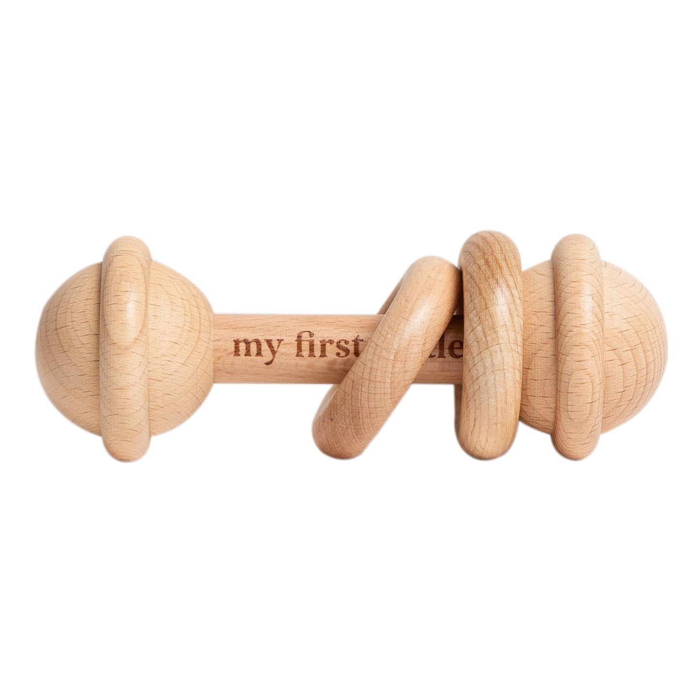 Wooden baby rattle with 'my first' text on a white background