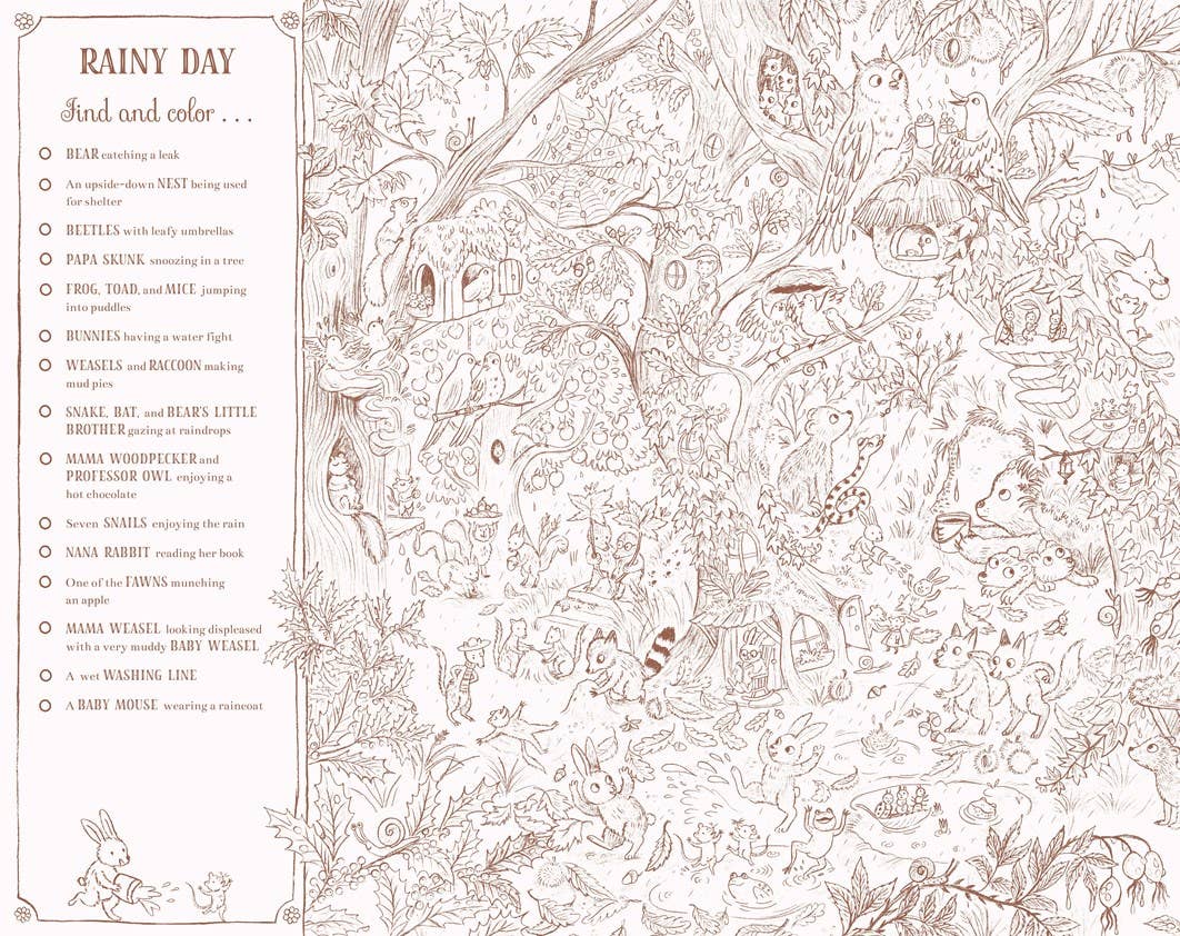 Illustrated coloring page with various animals and objects on a beige background