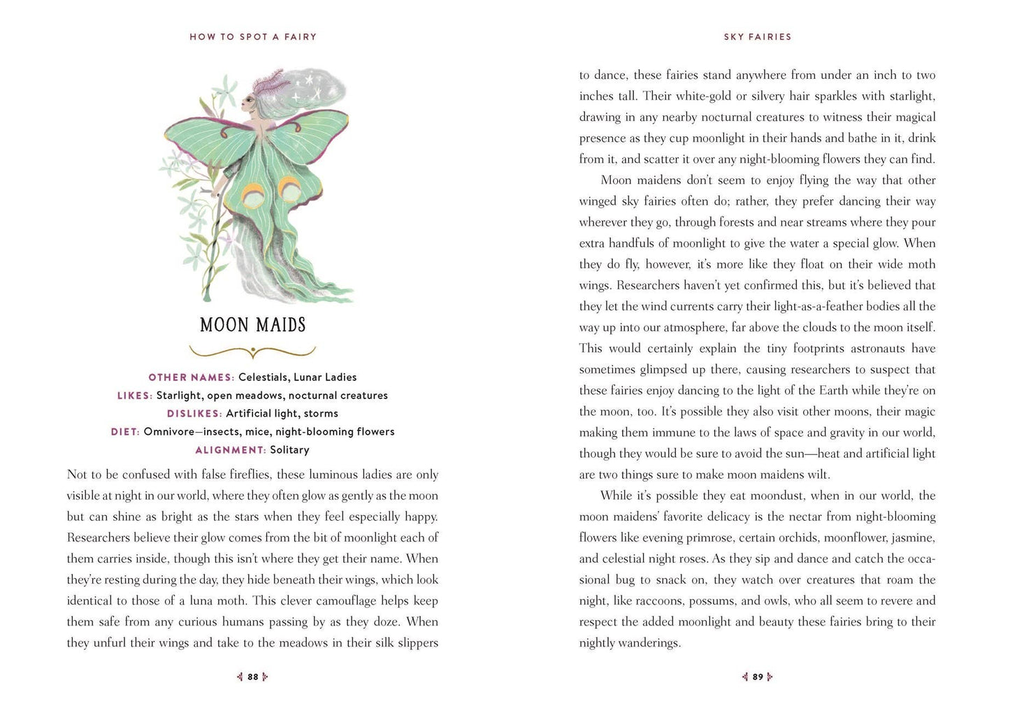 A printed page from a book or booklet with the title 'HOW TO SPOT A FAIRY' at the top, a central section titled 'MOON MAIDS' with a short poem, and a second titled 'OTHER FAIRIES:' followed by a list including Singers, moon-glowing musicians, artificial lights, stars, and Ombré ladies. The page has a white background with black text.