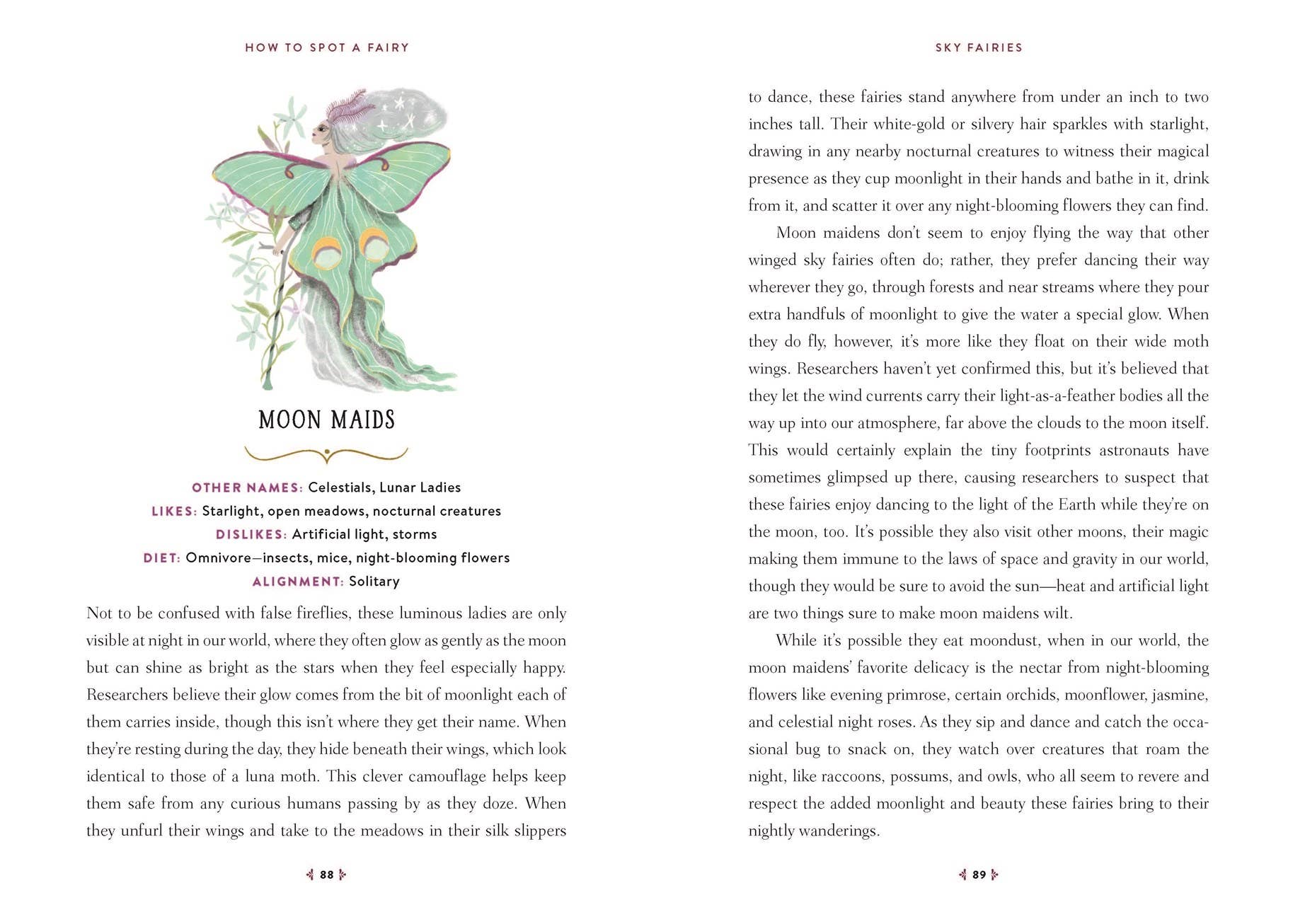 A printed page from a book or booklet with the title 'HOW TO SPOT A FAIRY' at the top, a central section titled 'MOON MAIDS' with a short poem, and a second titled 'OTHER FAIRIES:' followed by a list including Singers, moon-glowing musicians, artificial lights, stars, and Ombré ladies. The page has a white background with black text.
