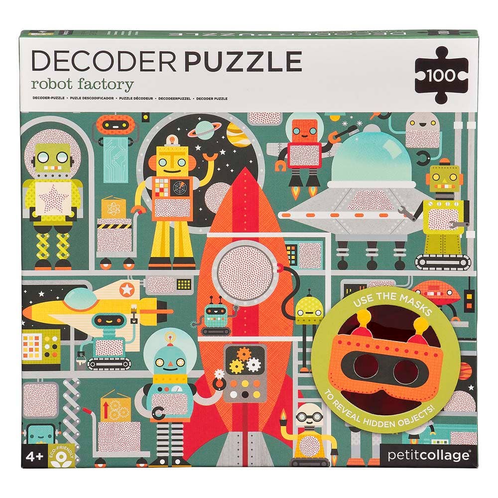 Decoder puzzle packaging with robot-themed design and 'petit collage' branding.