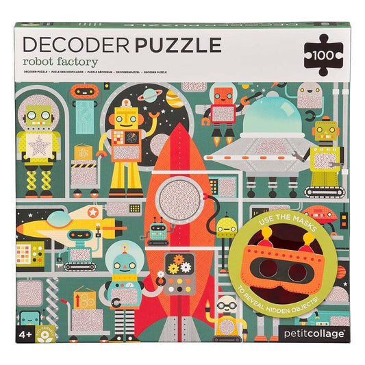Decoder puzzle packaging with robot-themed design and 'petit collage' branding.