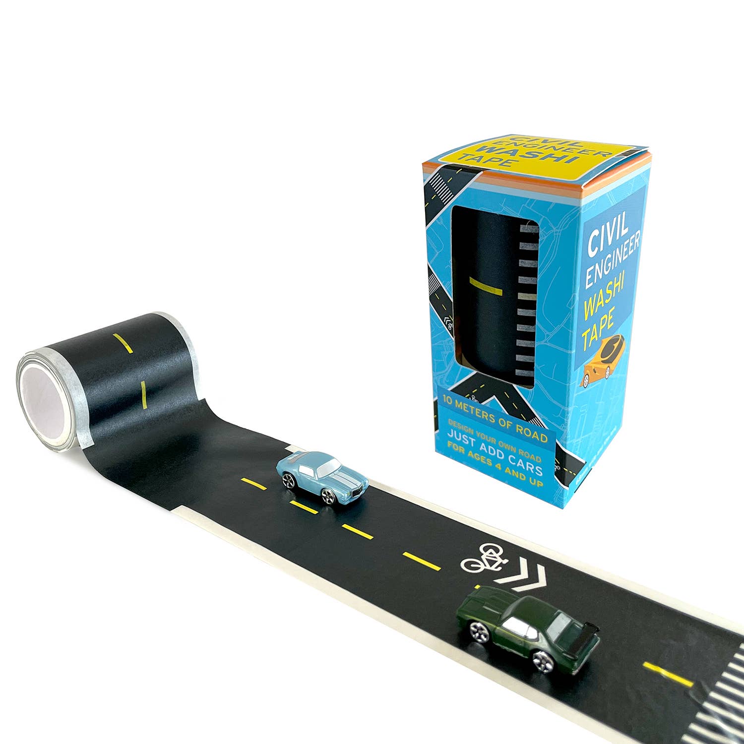 Roll of wash tape with cars on a white background, featuring a packaging box labeled 'Civil Engineer Wash Tape'.