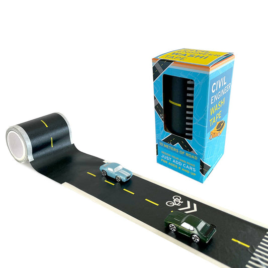 Roll of wash tape with cars on a white background, featuring a packaging box labeled 'Civil Engineer Wash Tape'.