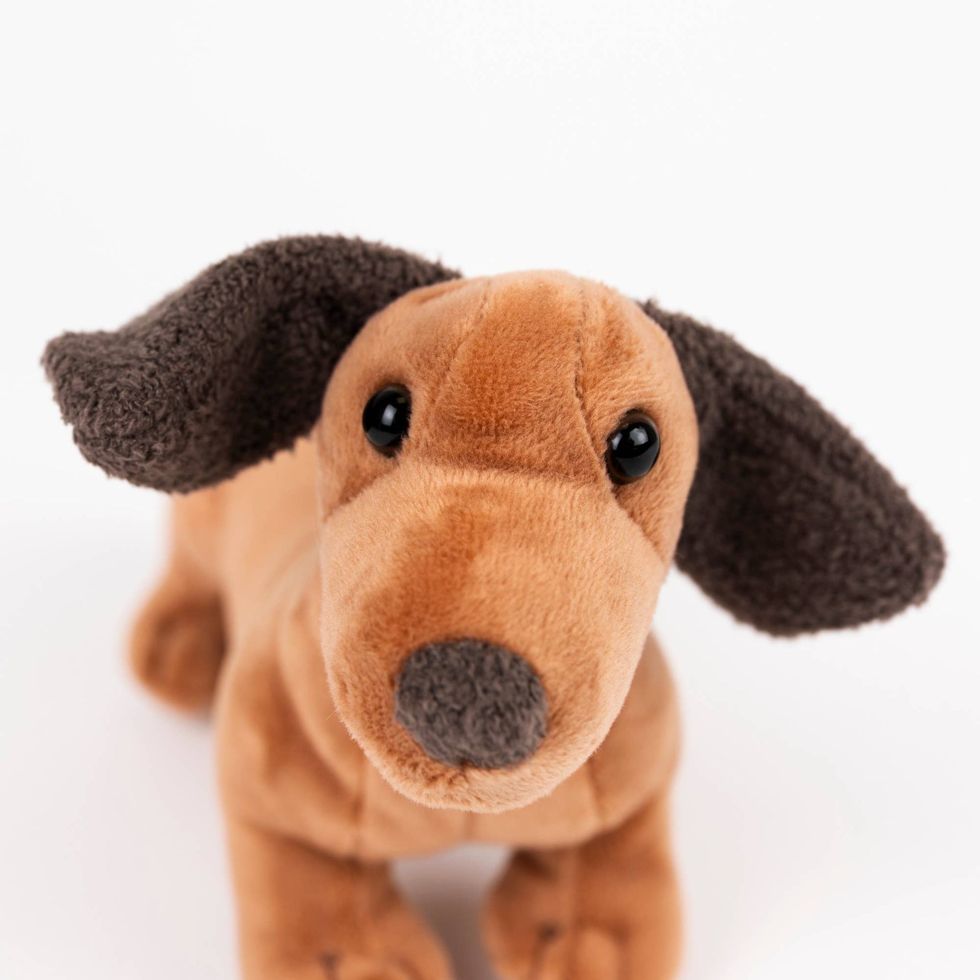 A plush dachshund toy dog with a warm tan-brown body and dark brown floppy ears, photographed against a clean white background.