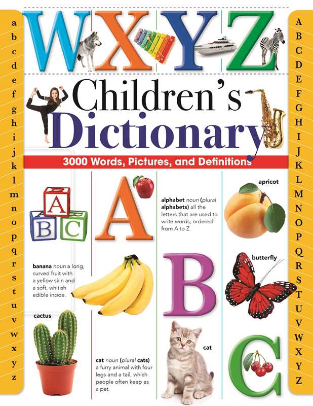 Children's dictionary with colorful letters and illustrations on a yellow background