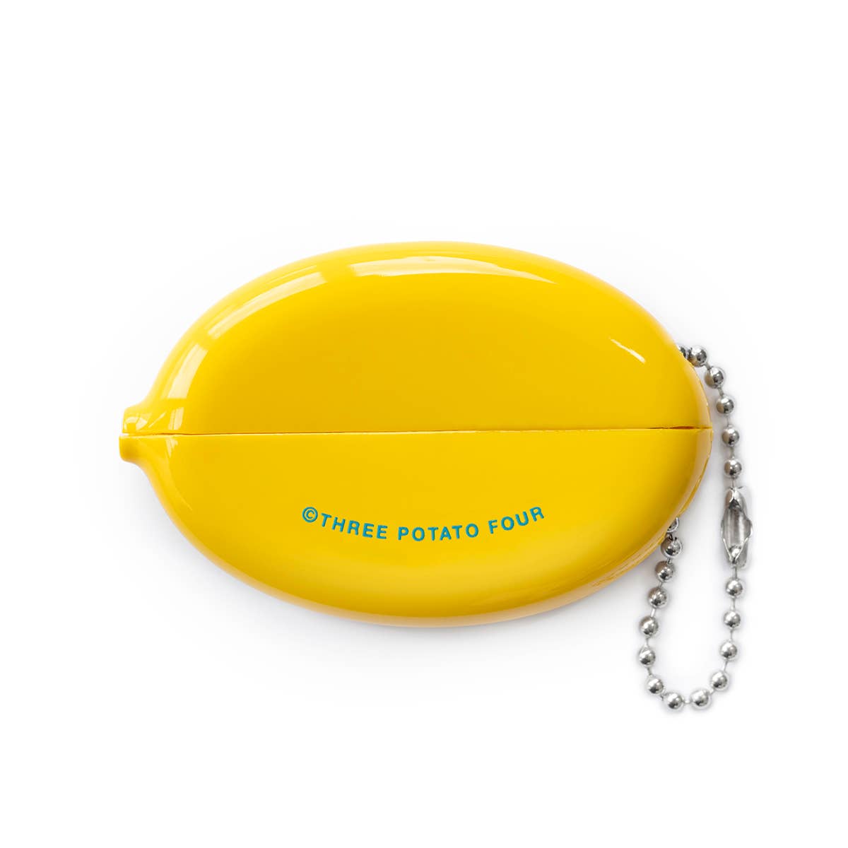 Yellow coin purse with chain, featuring 'Three Potato Four' branding, on a white background.