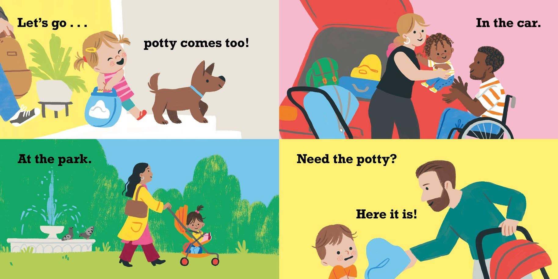 A four-panel illustrated children's educational poster about potty training, with cartoon scenes and text reading 'Let's go.