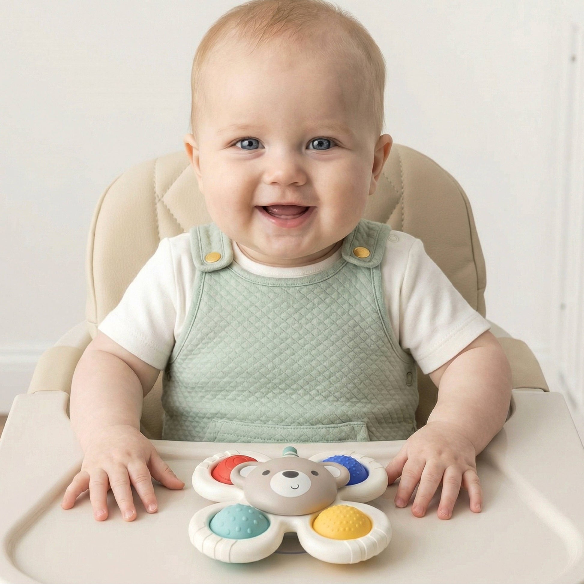 A smiling baby sitting in a beige high chair, wearing a light green bib over a white t-shirt, with a colorful flower-shaped baby toy on the tray in front.
