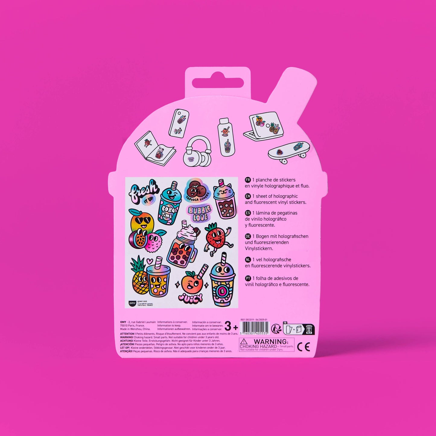 Packaging of stickers with colorful designs on a pink background