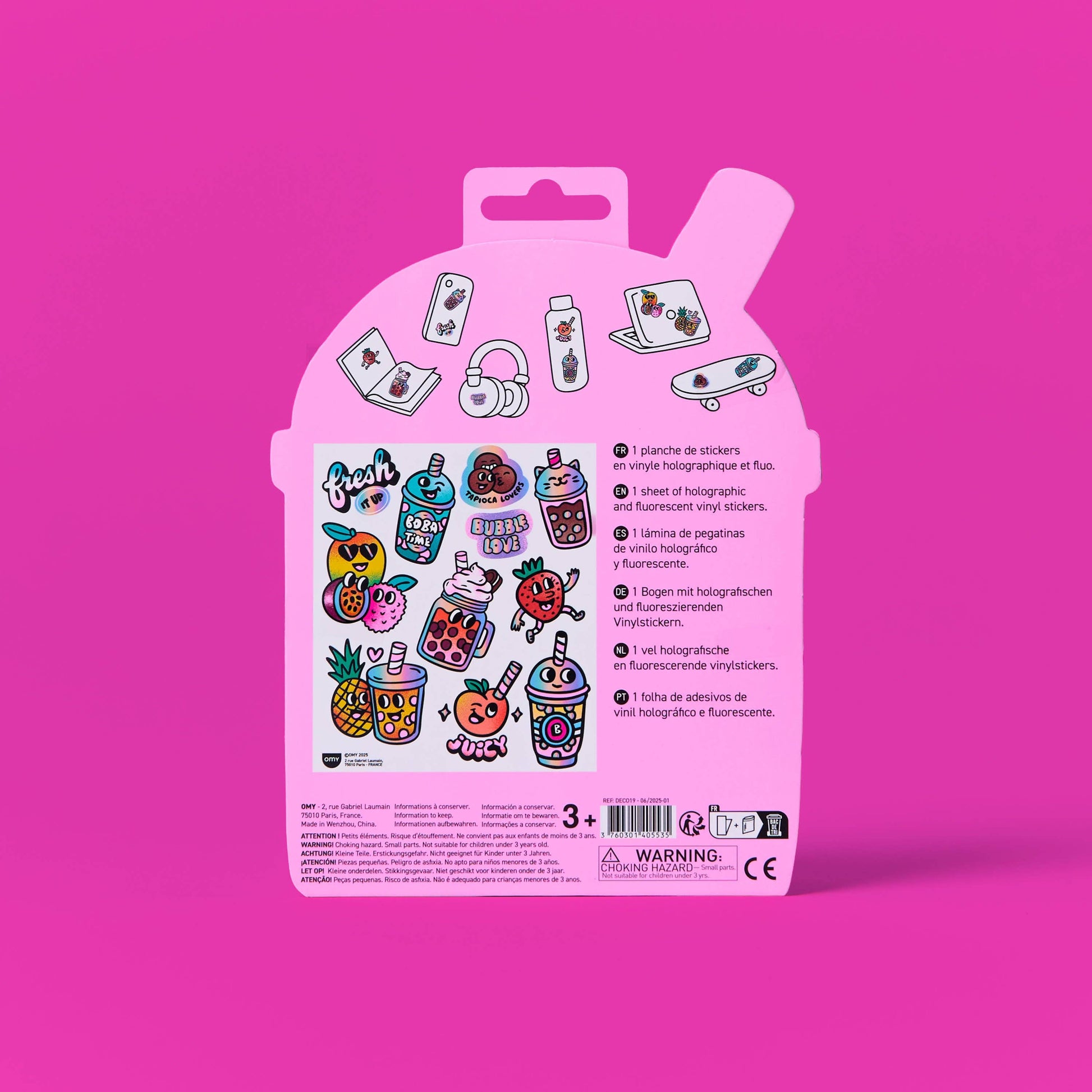 Packaging of stickers with colorful designs on a pink background