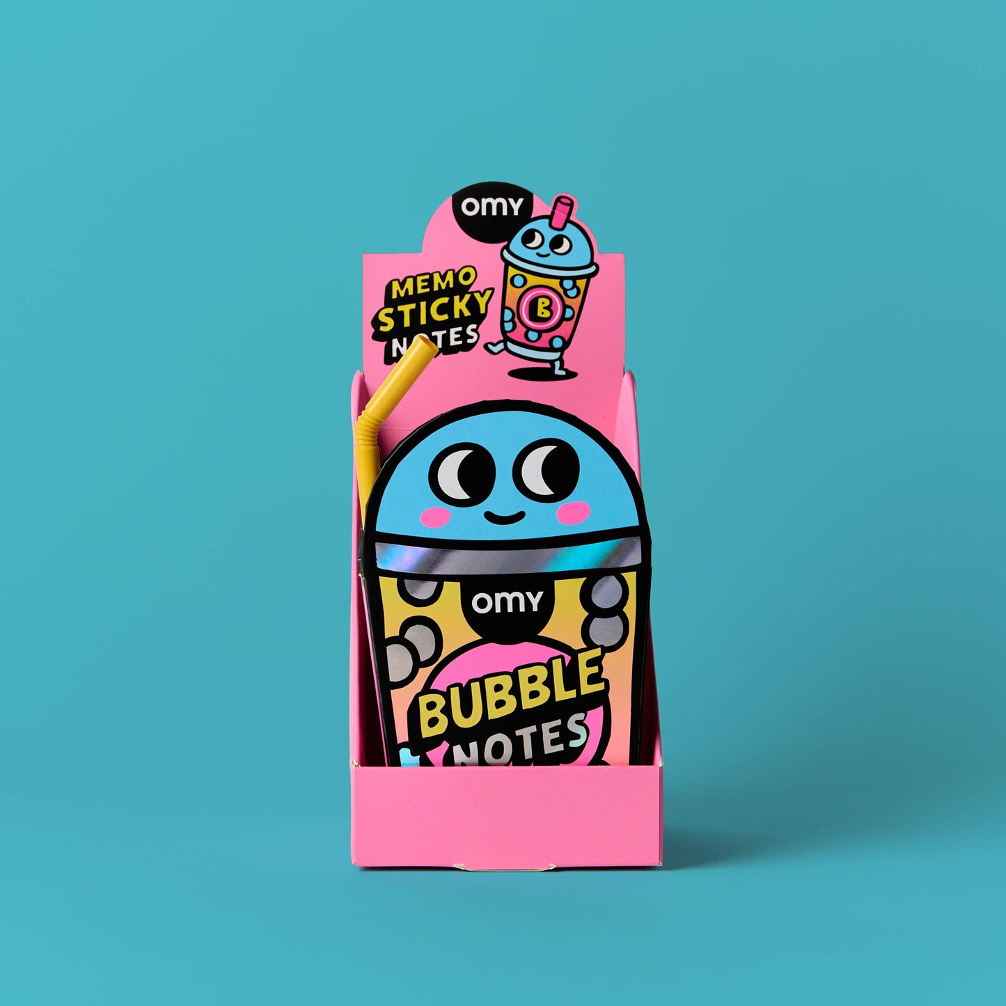 Cartoon character packaging of omy bubble notes on a teal background