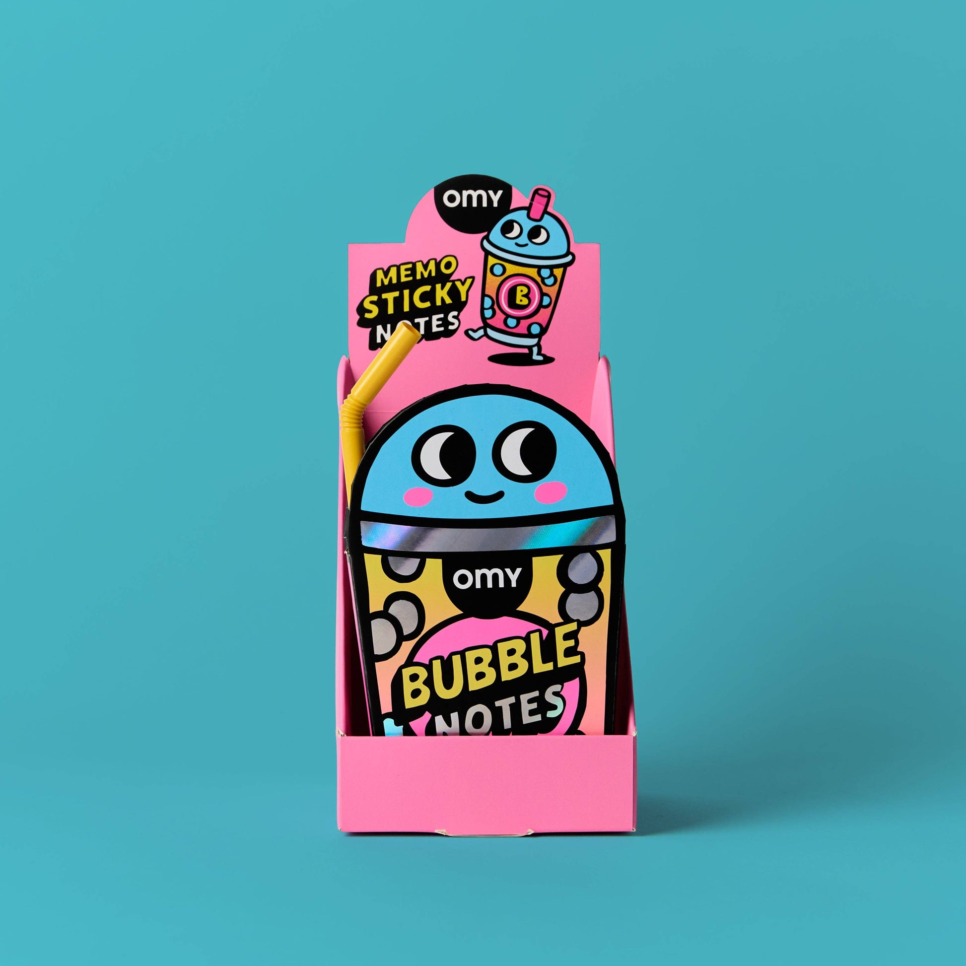 Cartoon character packaging of omy bubble notes on a teal background