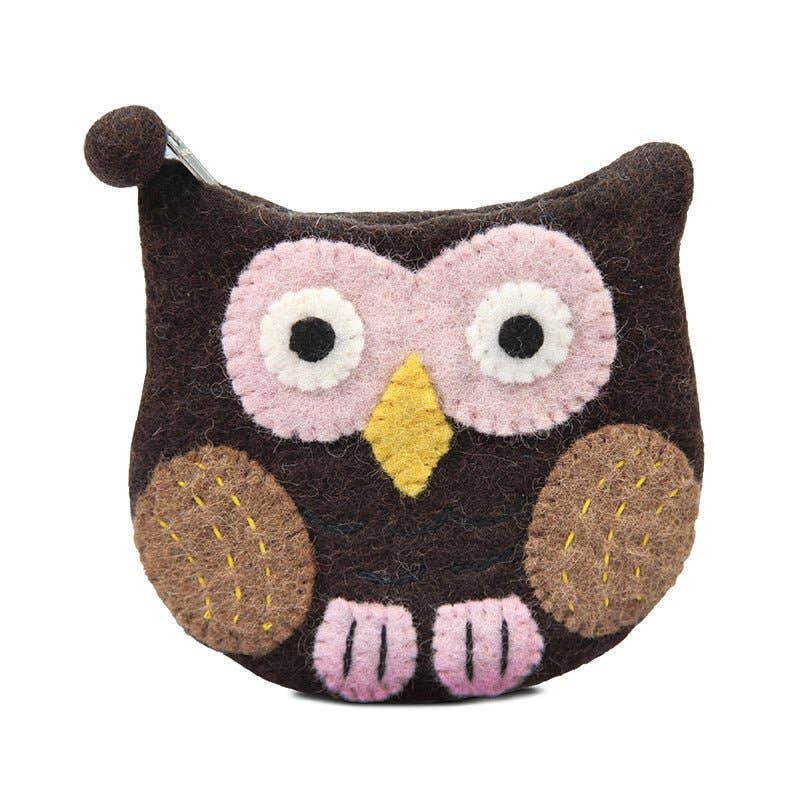 Felt owl-shaped coin purse with pink face and brown body on a white background