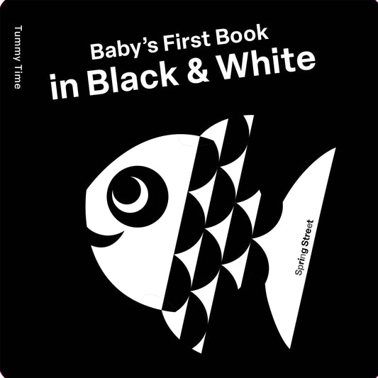Book cover with a black and white fish illustration on a black background
