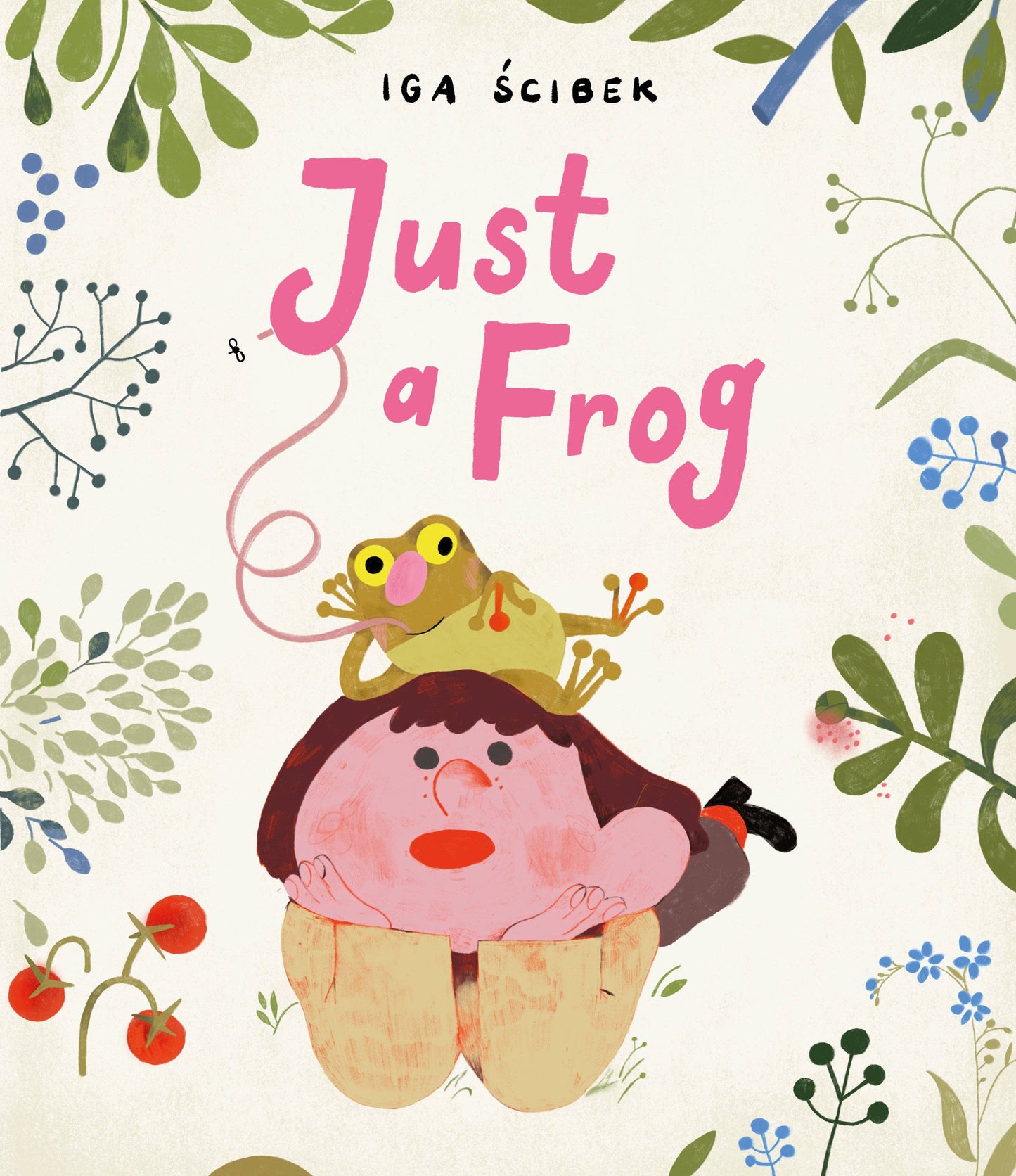 Book cover of 'Just a Frog' with a frog on a girl's head, surrounded by floral elements.