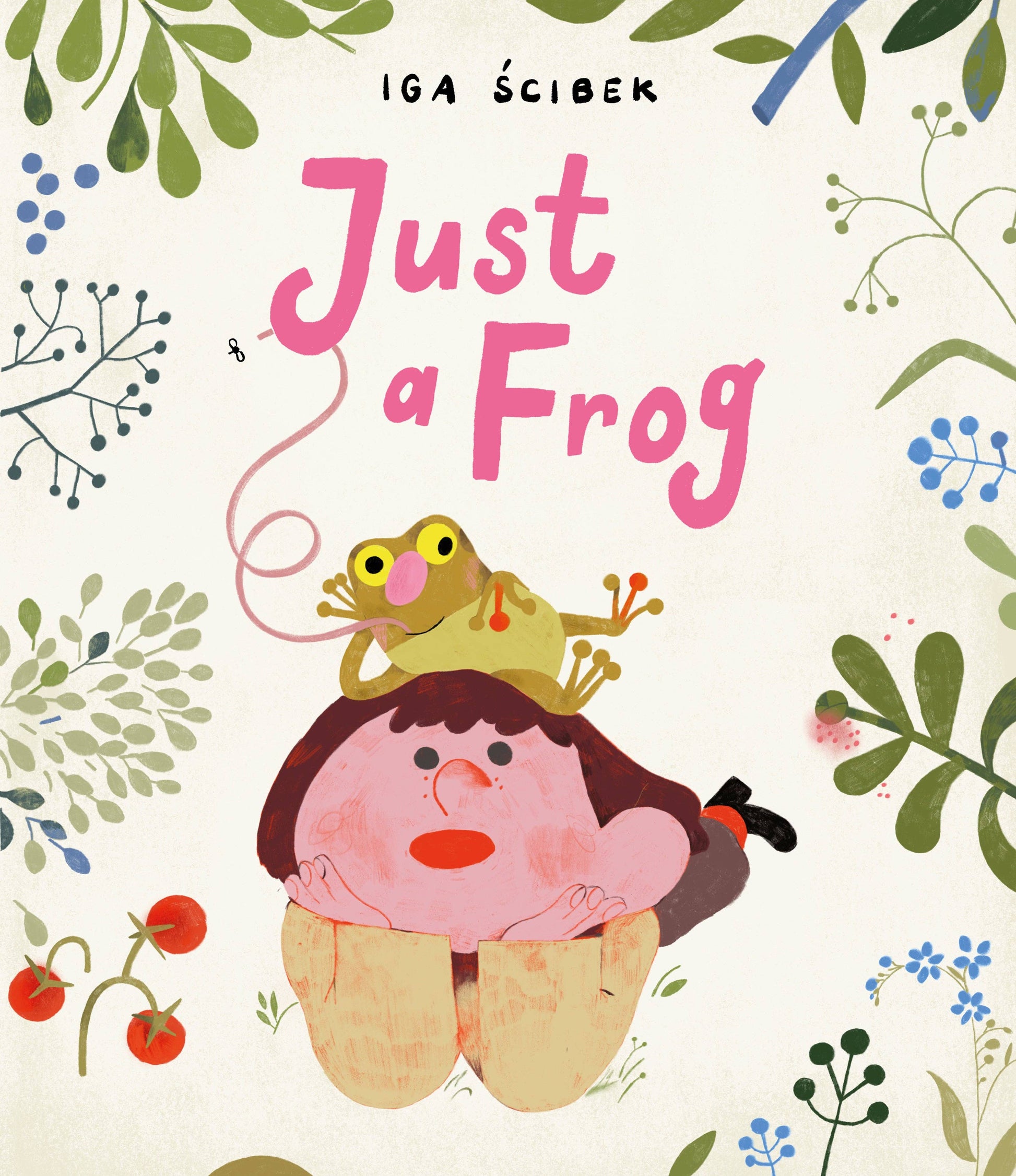 Book cover of 'Just a Frog' with a frog on a girl's head, surrounded by floral elements.