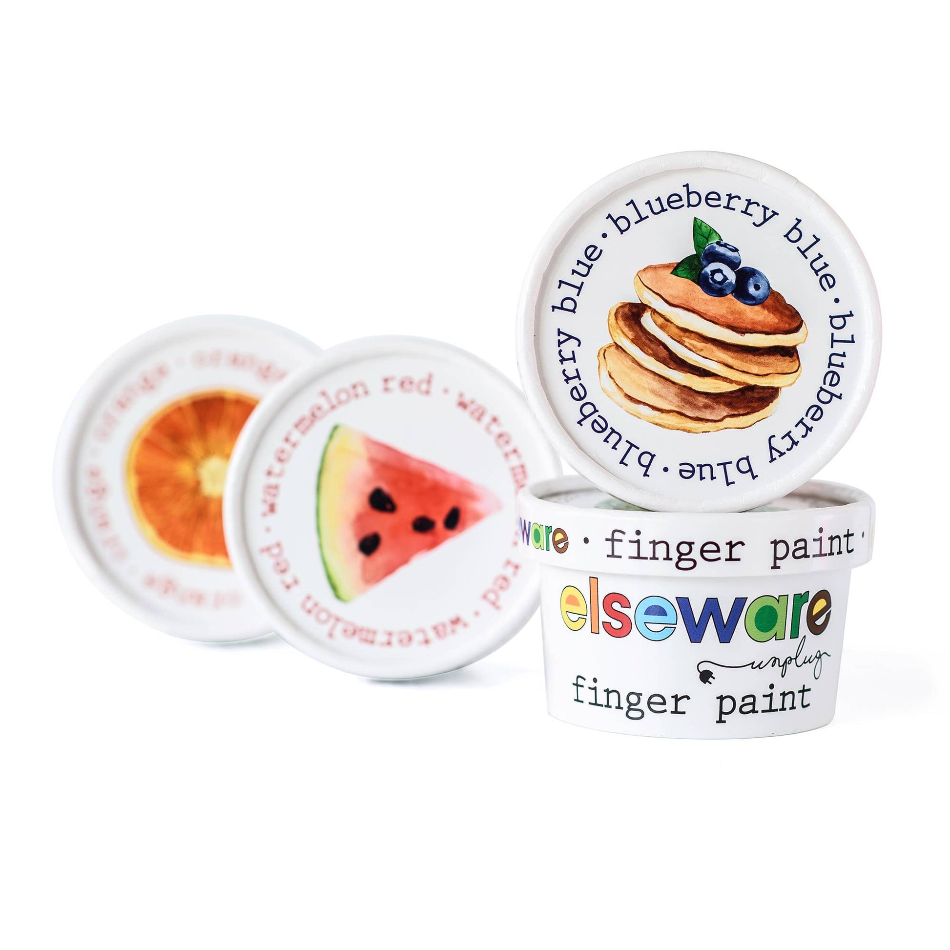 Four containers of finger paint with colorful labels on a white background