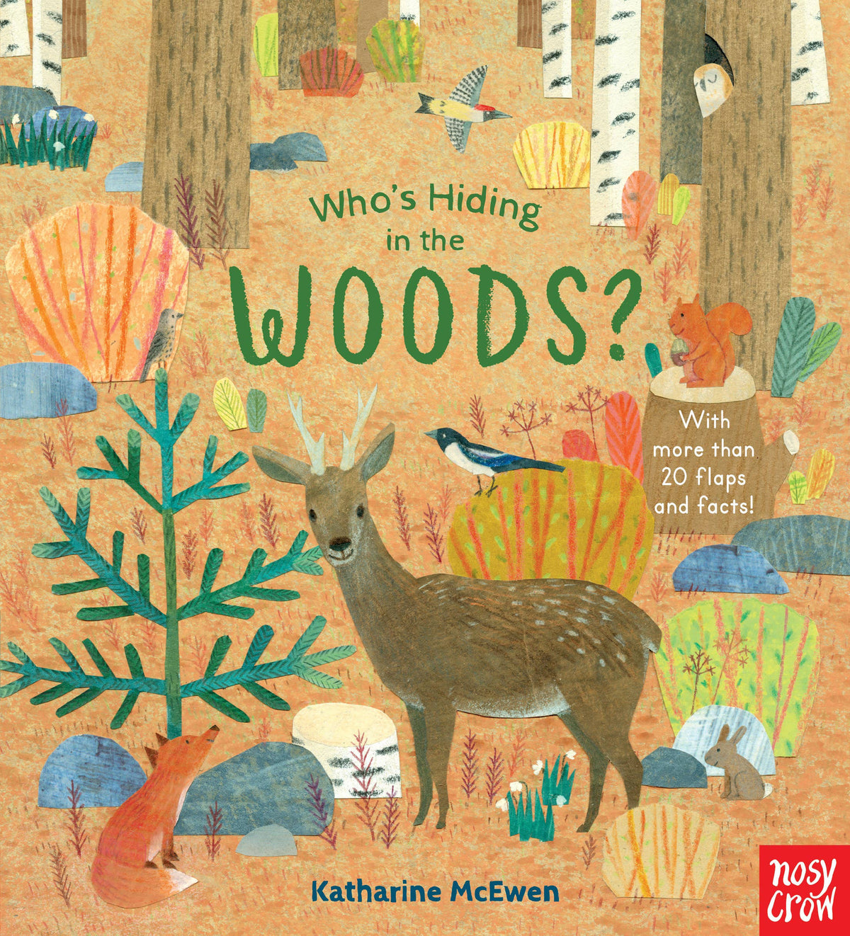 Book cover of 'Who's Hiding in the Woods?' with a deer, fox, and bird illustration.