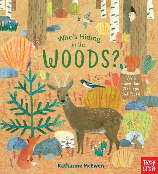 Book cover of 'Who's Hiding in the Woods?' with a deer, fox, and bird illustration.