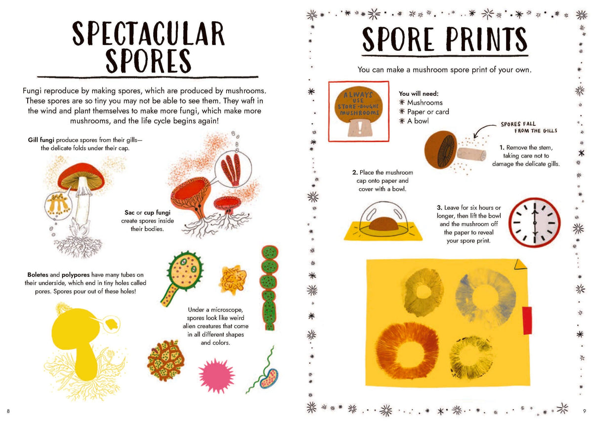 An educational poster titled 'Spectacular Spores' and 'SPORE PRINTS' with illustrated diagrams, step-by-step instructions, and examples of mushroom spore prints on paper.