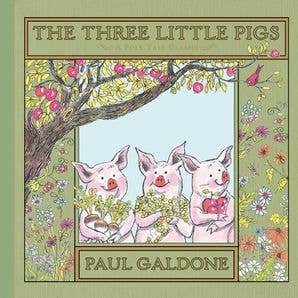 Book cover of 'The Three Little Pigs' by Paul Galdone with three pigs under a tree.