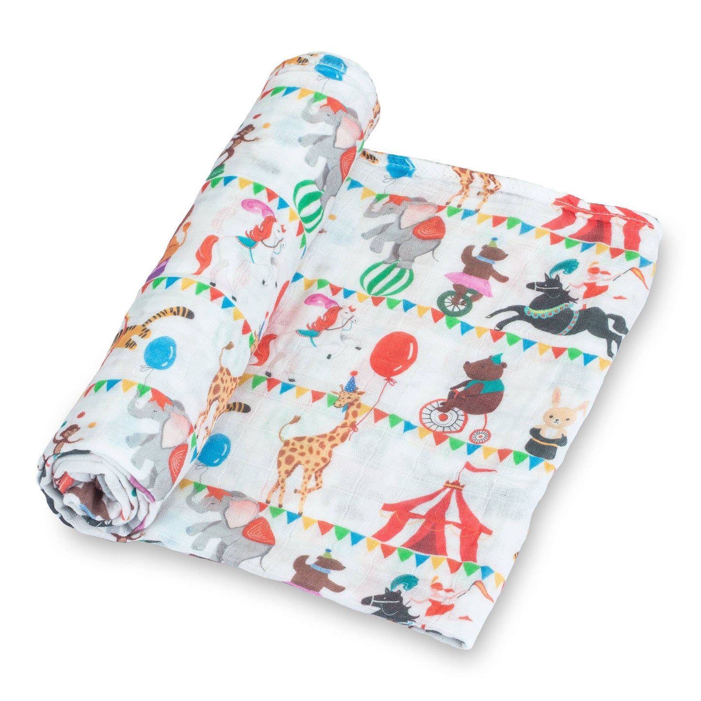 Rolled-up swaddle blanket with circus-themed pattern on a white background