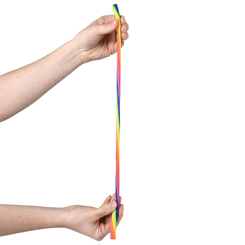 Two hands holding a rainbow-colored stretchy band against a white background