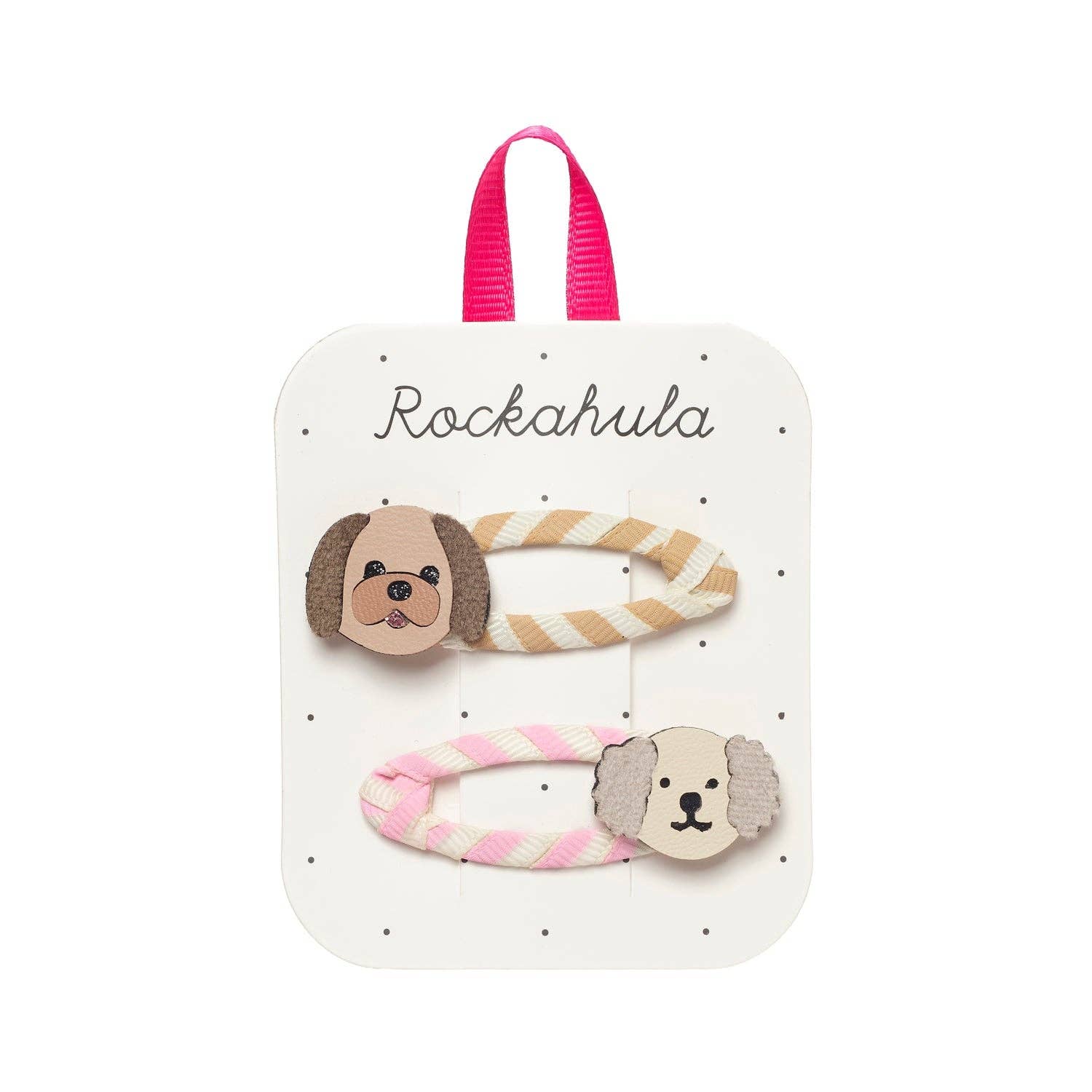 Set of hair clips with dog designs on a Rockahula branded card.