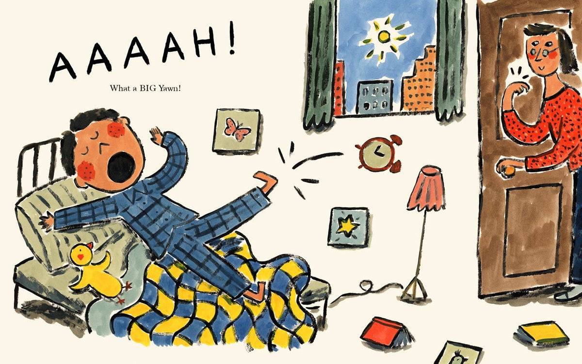 A whimsical illustrated scene showing a child waking up in bed with an alarm clock ringing and a parent standing in the doorway. The artwork uses a warm cream background with bold black text reading 'AAAAH!' and playful, hand-drawn details in blue, yellow, red, brown, and green.