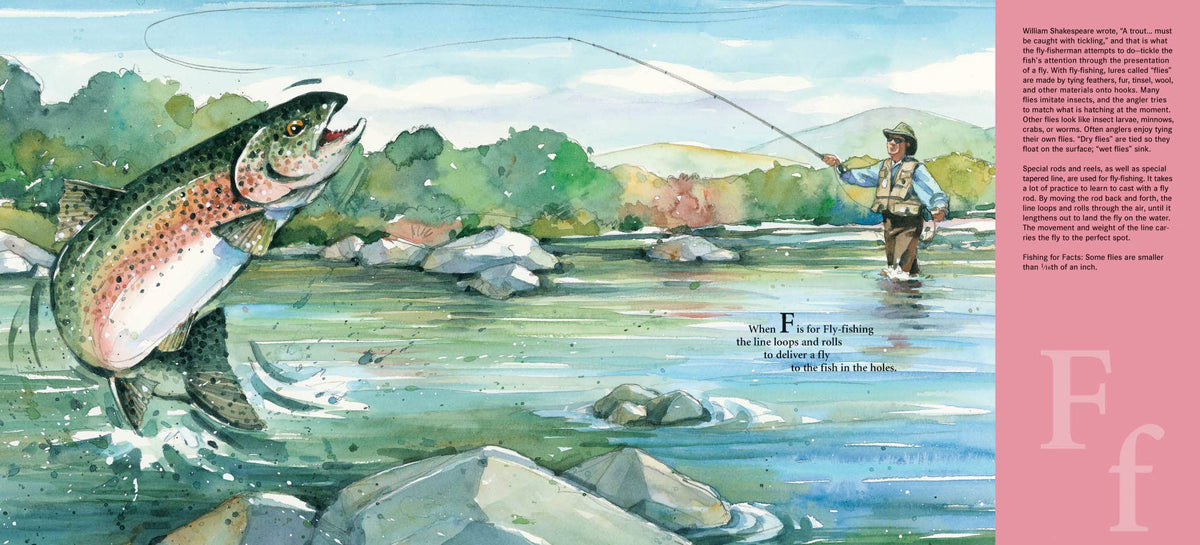 Illustration of a fish leaping out of water with a person fishing in the background