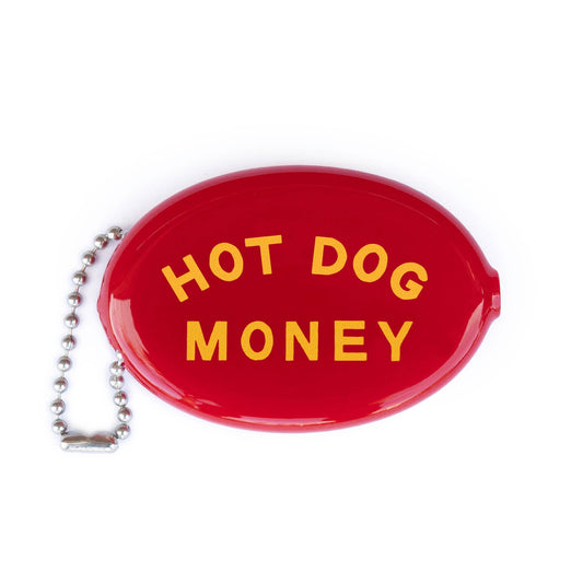 Red coin purse with 'Hot Dog Money' text on a white background