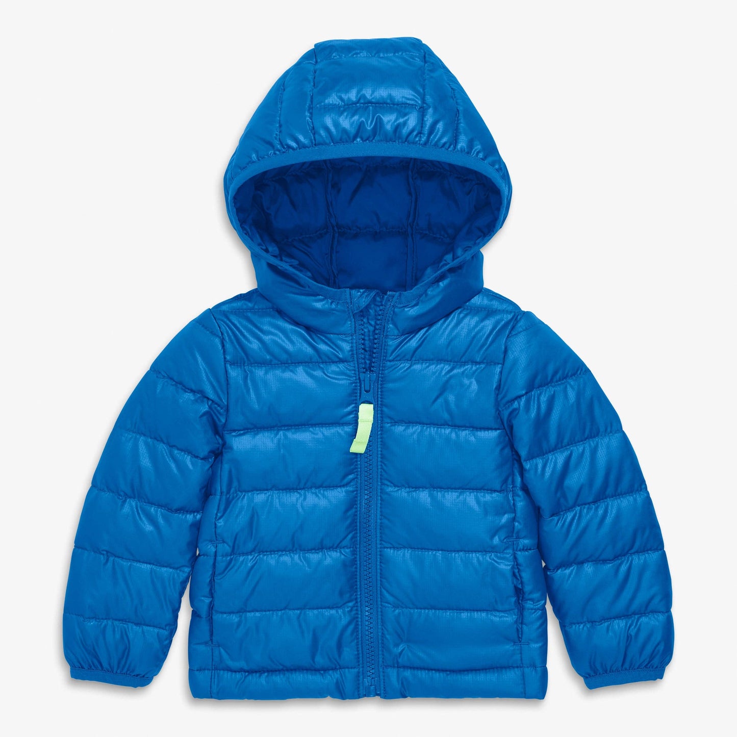 Blue puffer jacket with a hood on a light blue background