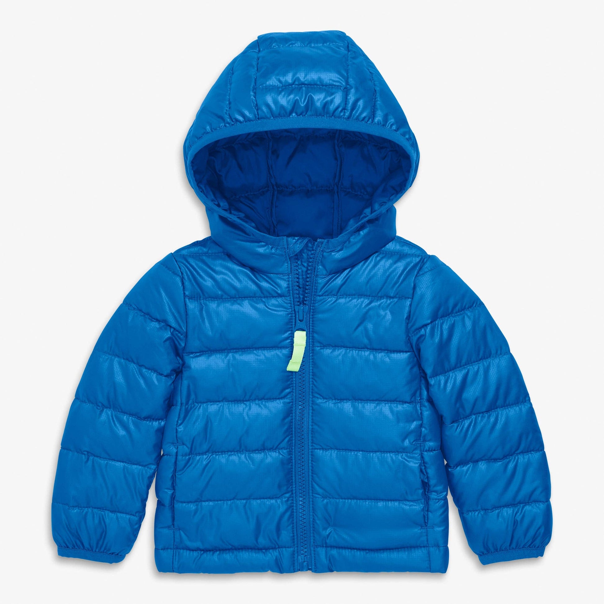 Blue puffer jacket with a hood on a light blue background