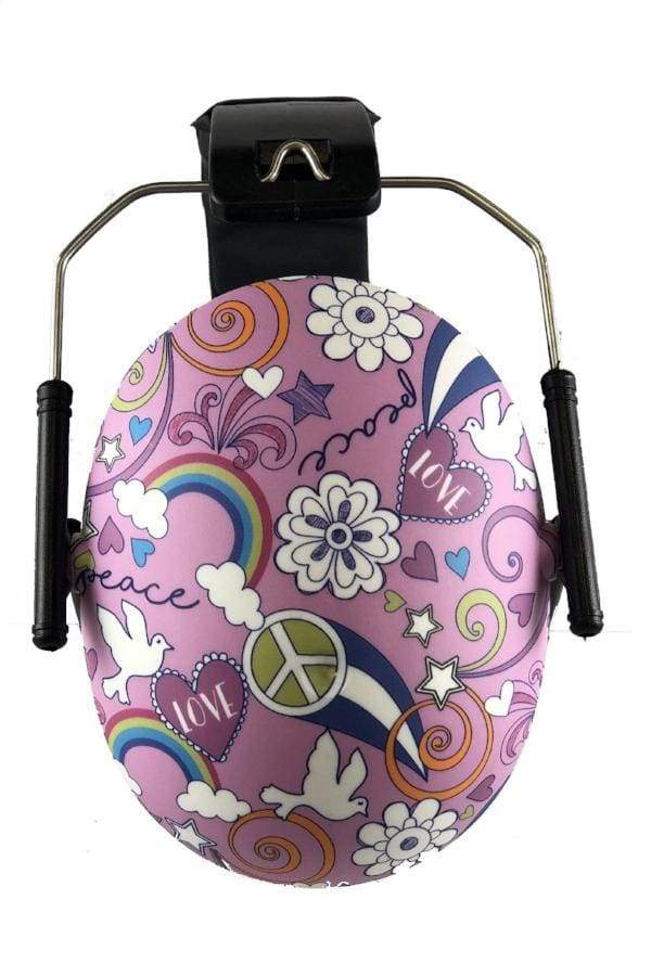 Pink children's ear protectors with colorful designs on a white background