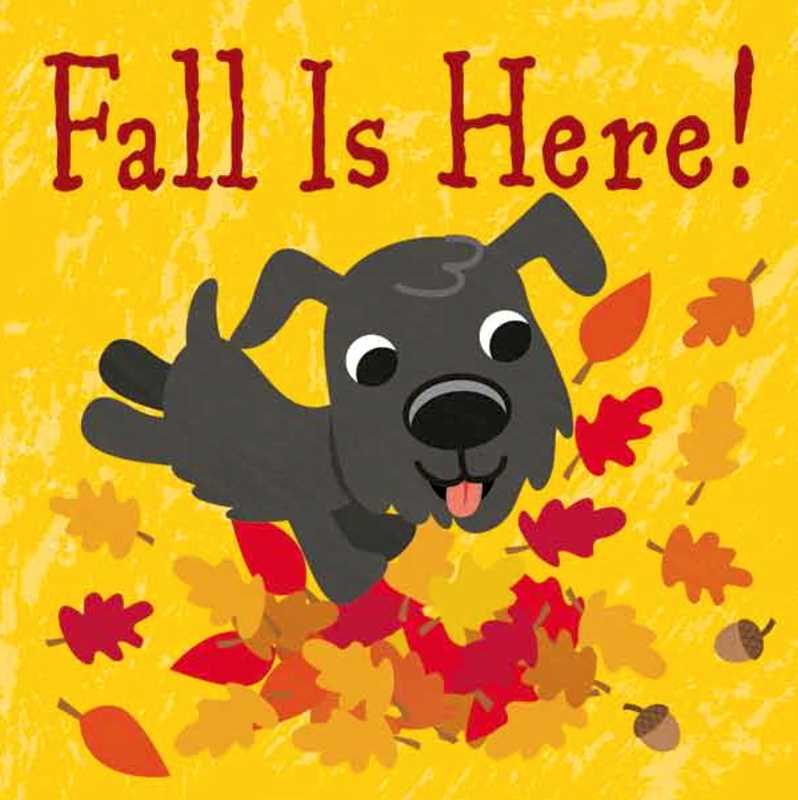 A board book cover featuring a cartoon illustration of a scarecrow with a happy facial expression, surrounded by red and brown leaves on a yellow background, with the text 'FALL IS HERE!'.