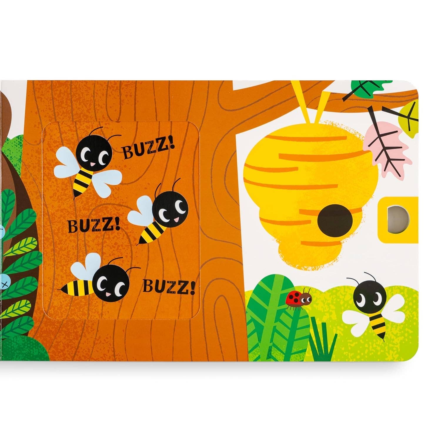Children's book with bee illustrations and a yellow honeycomb on a white background