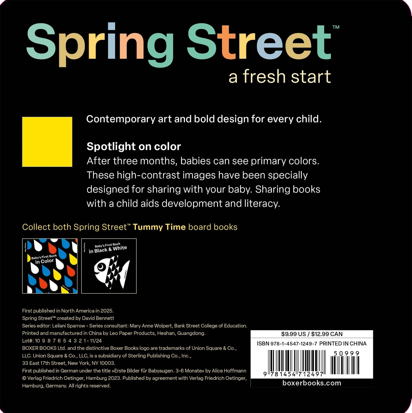 Back cover of a Spring Street book with branding and text about the book's features.