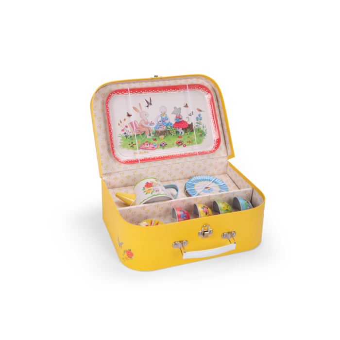 Children's tea set in a yellow suitcase with a colorful scene on the lid.