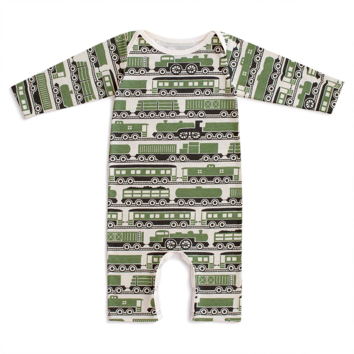 A long-sleeve baby romper with an all-over green and black train pattern on a cream background, laid flat against a white background.