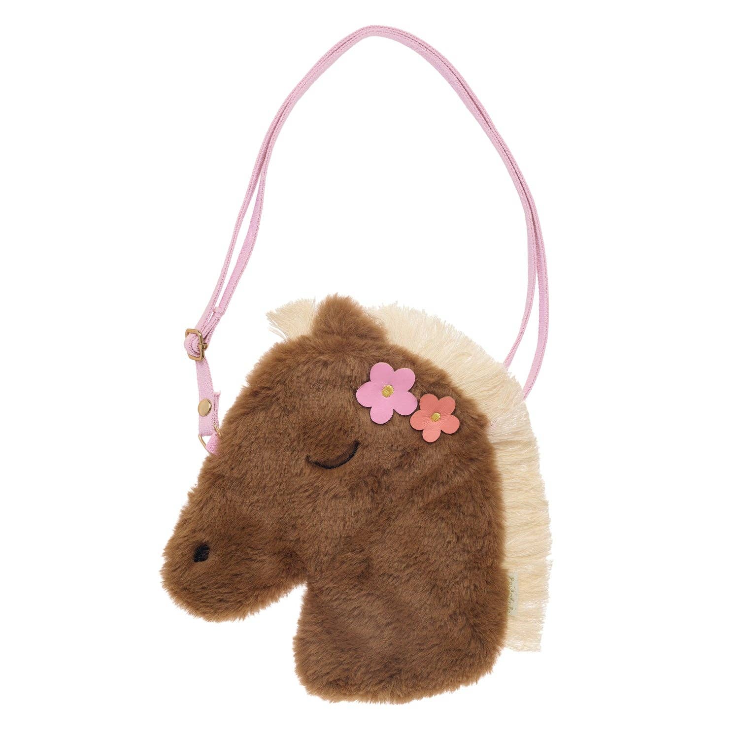 Plush horse head bag with a pink strap and flowers on a white background